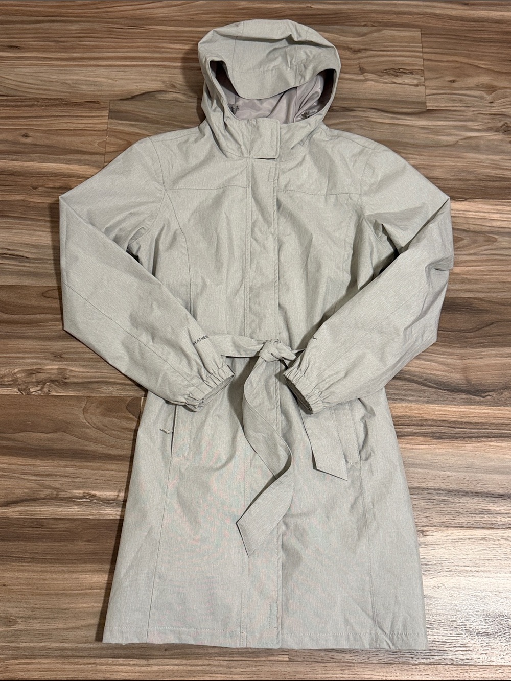 Eddie Bauer WeatherEdge Women’s M Hooded Rain Jacket Belted Gray Waterproof